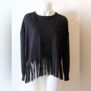 WOMENS AQUA BLACK SWEATER WITH FRINGE TRIM SZ S *